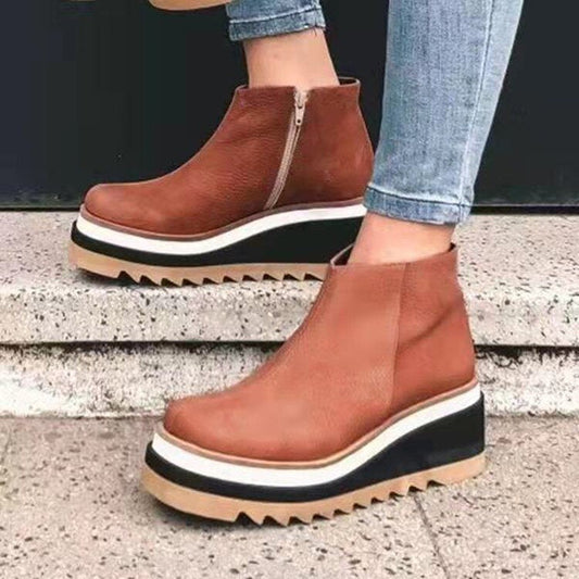 Damen Stiefeletten, braun, Leder, Plateau, Reißverschluss, modisch, Herbstschuhe, bequem.