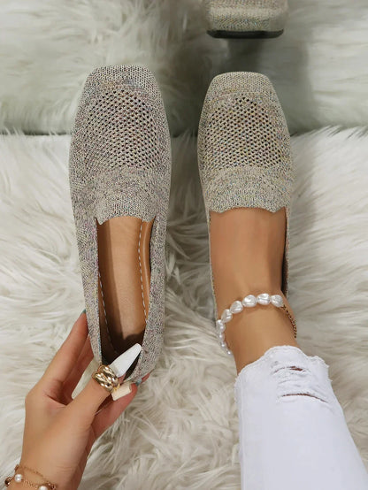 Damen Mokassins beige Strick, bequem, atmungsaktiv, modisch, ideal für Alltag und Freizeit.