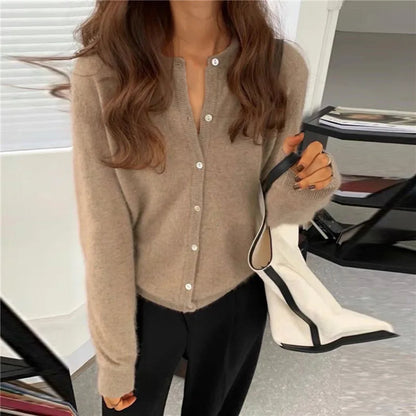 Damen Strickjacke Beige, O-Ausschnitt, Langarm, Knöpfe, Lässig, Frühling Herbst Mode.