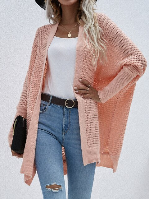 Damen Strickjacke Herbst, rosa, lang, modisch, lässig, Strick, Outfit, stilvoll, elegant.