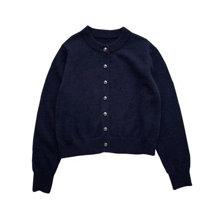 Damen Strickjacke 2023, dunkelblau, Rundhals, Knöpfe, Frühling, koreanischer Stil.
