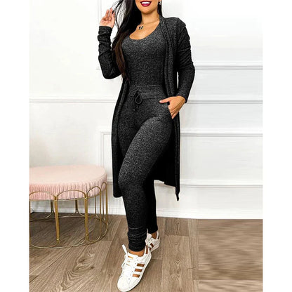 Damen-Trainingsanzug, dunkelgrau, langärmelig, Kapuzenjacke, Sportmode, bequem, modern.