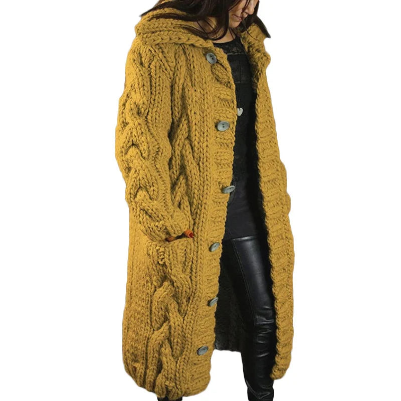 Damen Strickmantel, gelb, Zopfmuster, Knöpfe, Wintermode, warm, lang, modisch, bequem.