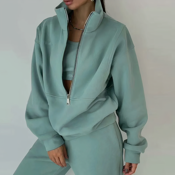 Damen-Sweatshirt in Mintgrün, Reißverschluss, Freizeitmode, bequeme Passform, Langarm.