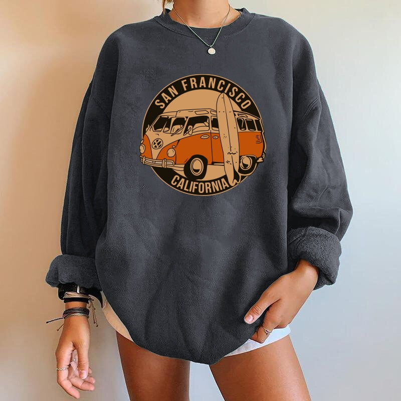 Damenpullover mit VW-Bus-Print, schwarz, San Francisco, California, lässiger Stil.