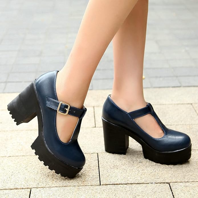 Damen Mary Jane Schuhe, dunkelblau, Plateau, Blockabsatz, Leder, modisch, elegant.