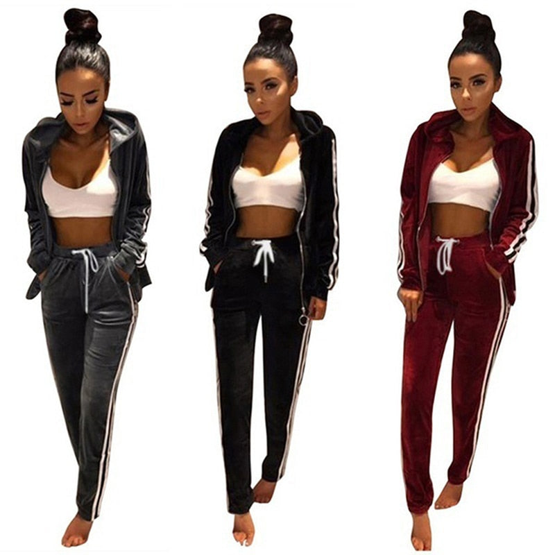 Damen-Velours-Trainingsanzug, Kapuzenjacke, Jogginghose, schwarz und rot, Freizeitmode.