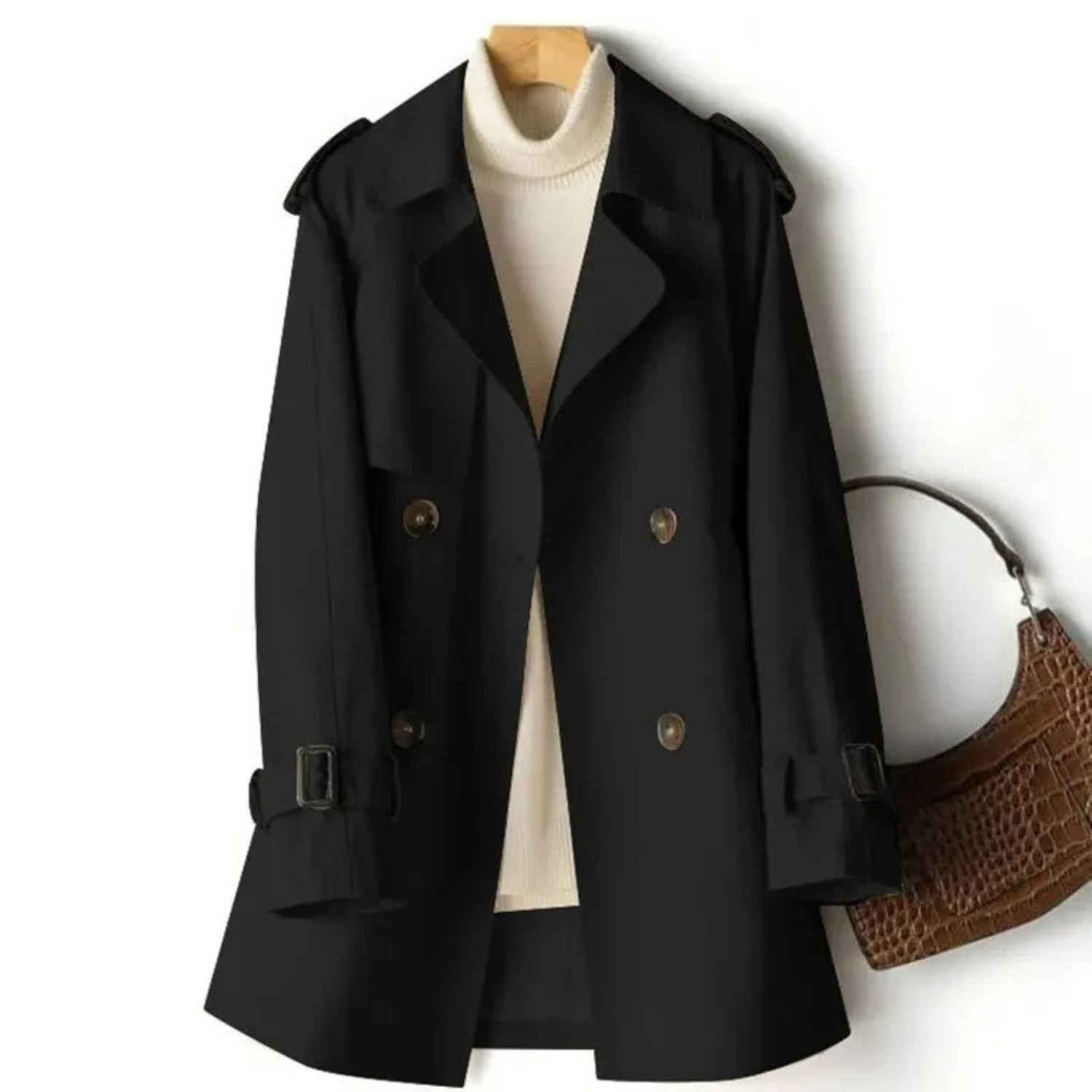 Schwarzer Damen-Trenchcoat, doppelt geknöpft, mit Gürtel, eleganter Herbstmantel.