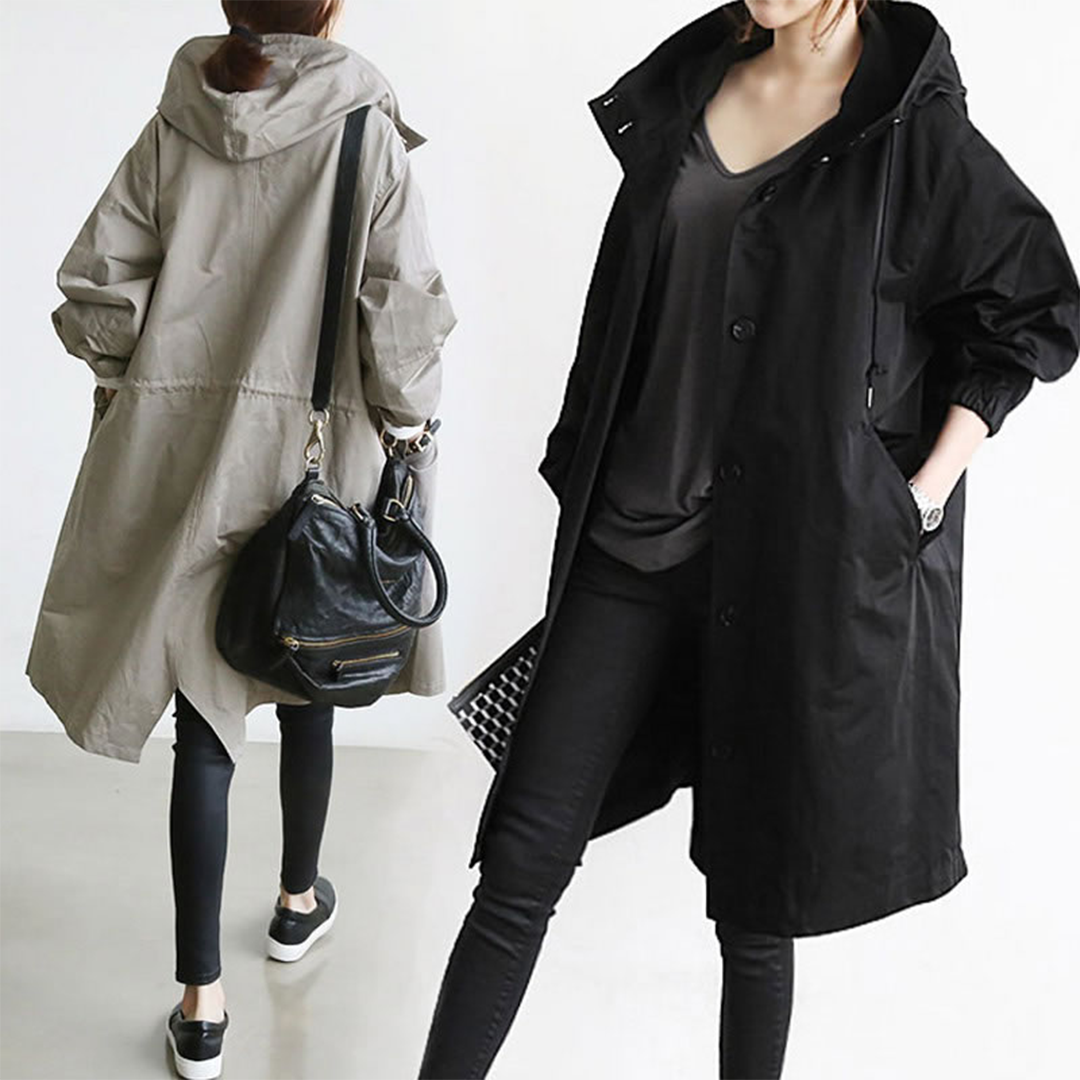 Damen Regenjacke, lang, wasserdicht, schwarz und beige, Kapuze, modisch, Outdoor-Bekleidung.