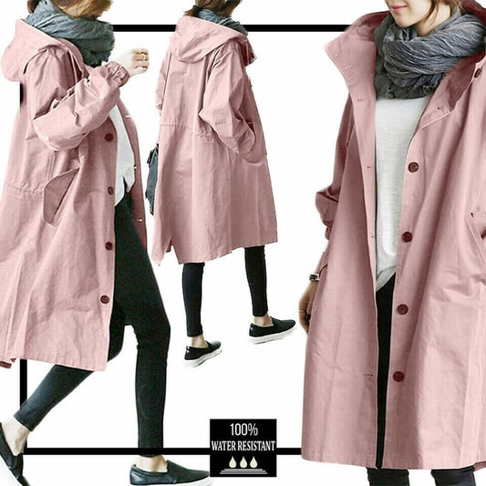 Damen Regenmantel rosa, wasserabweisend, Kapuze, modisch, Outdoor-Bekleidung, Herbstmode.