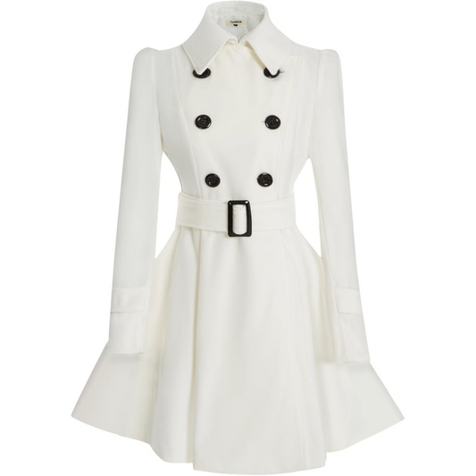 Weißer Damen-Trenchcoat, doppelte Knopfleiste, Gürtel, elegantes Design, Herbstmode.