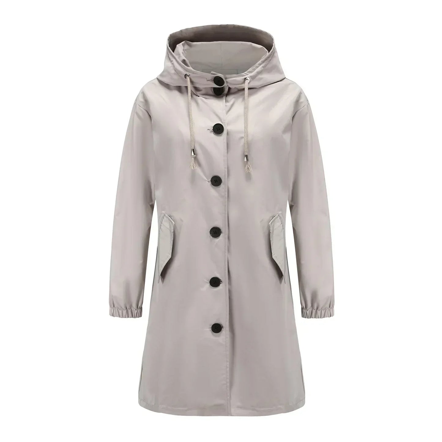 Damen Regenmantel beige, Kapuze, Knöpfe, wasserdicht, Outdoor-Bekleidung, modisch.
