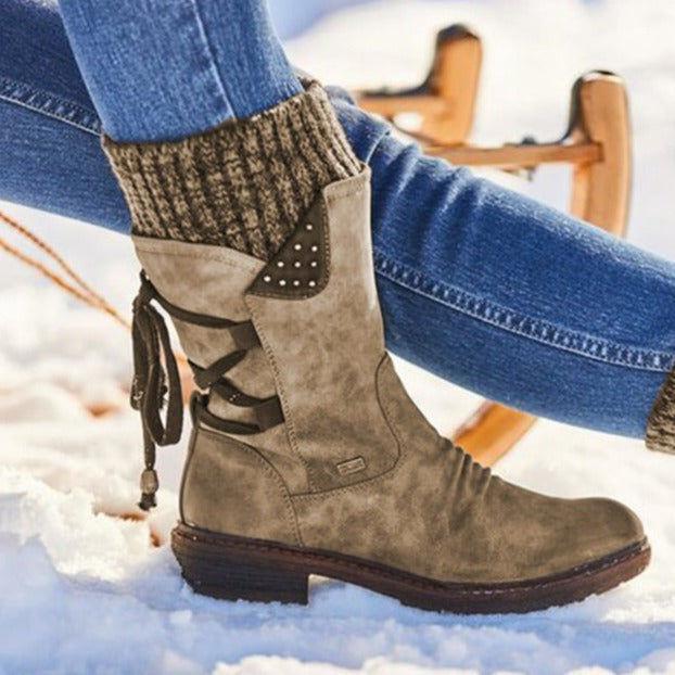 Damen Winterstiefel, beige, Wildlederoptik, mittelhoch, warm gefüttert, modisch, Schneestiefel.