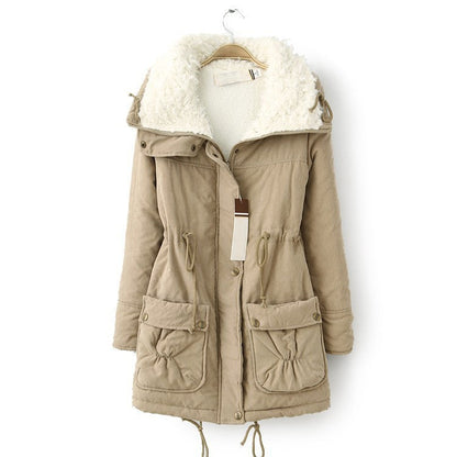 Beige Damen Wintermantel mit Kapuze, Fleece-Futter, Taschen, warm, modisch, Outdoor-Bekleidung.