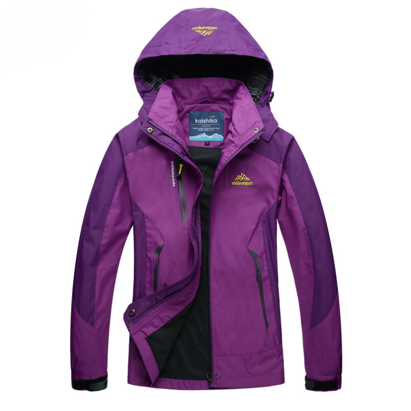 Lila Damen-Windjacke mit Kapuze, wasserdicht, Outdoor-Bekleidung, atmungsaktiv.