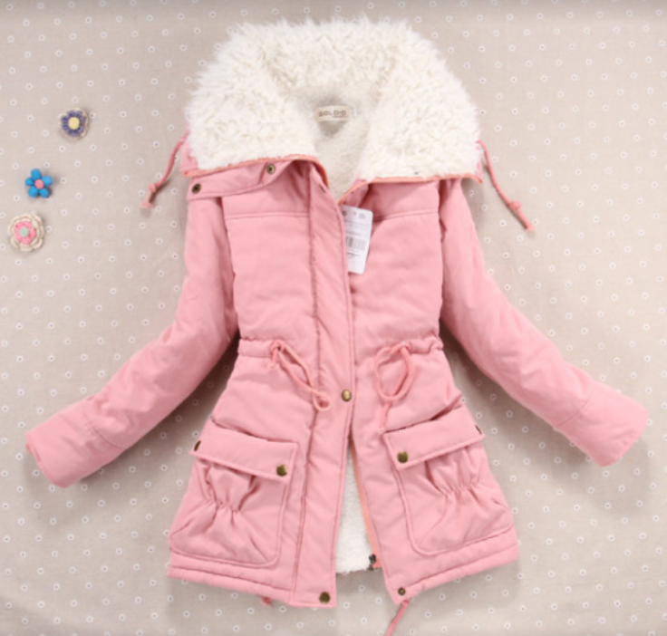 Rosa Winterjacke mit Kapuze, Kunstfellfutter, Taschen, Damenmode, warm, stilvoll