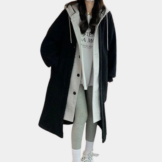 Damen Wintermantel schwarz, Kapuze, Knöpfe, lässig, warm, modisch, lang, Streetwear.