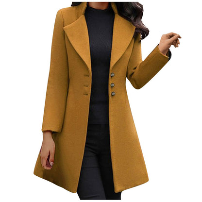 Damen Wintermantel, senfgelb, Wollmischung, elegantes Design, Knöpfe, modisch, warm.