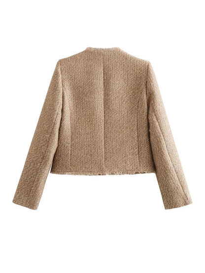 Beige Damenjacke aus Wolle, elegant, langärmelig, modisch, Herbstmode, Rückansicht.