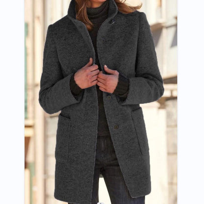 Damen Wintermantel, grau, Wollmischung, elegant, warm, modisch, Knopfleiste, Taschen.