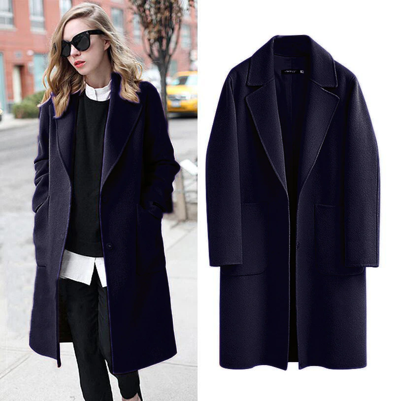Damen Wollmantel dunkelblau, eleganter Wintermantel, modischer langer Mantel für Frauen.