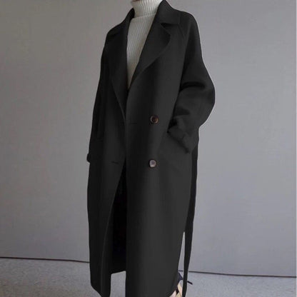 Schwarzer Damenmantel, lang, mit Knöpfen, elegantes Design, Herbstmode, Wollmischung.
