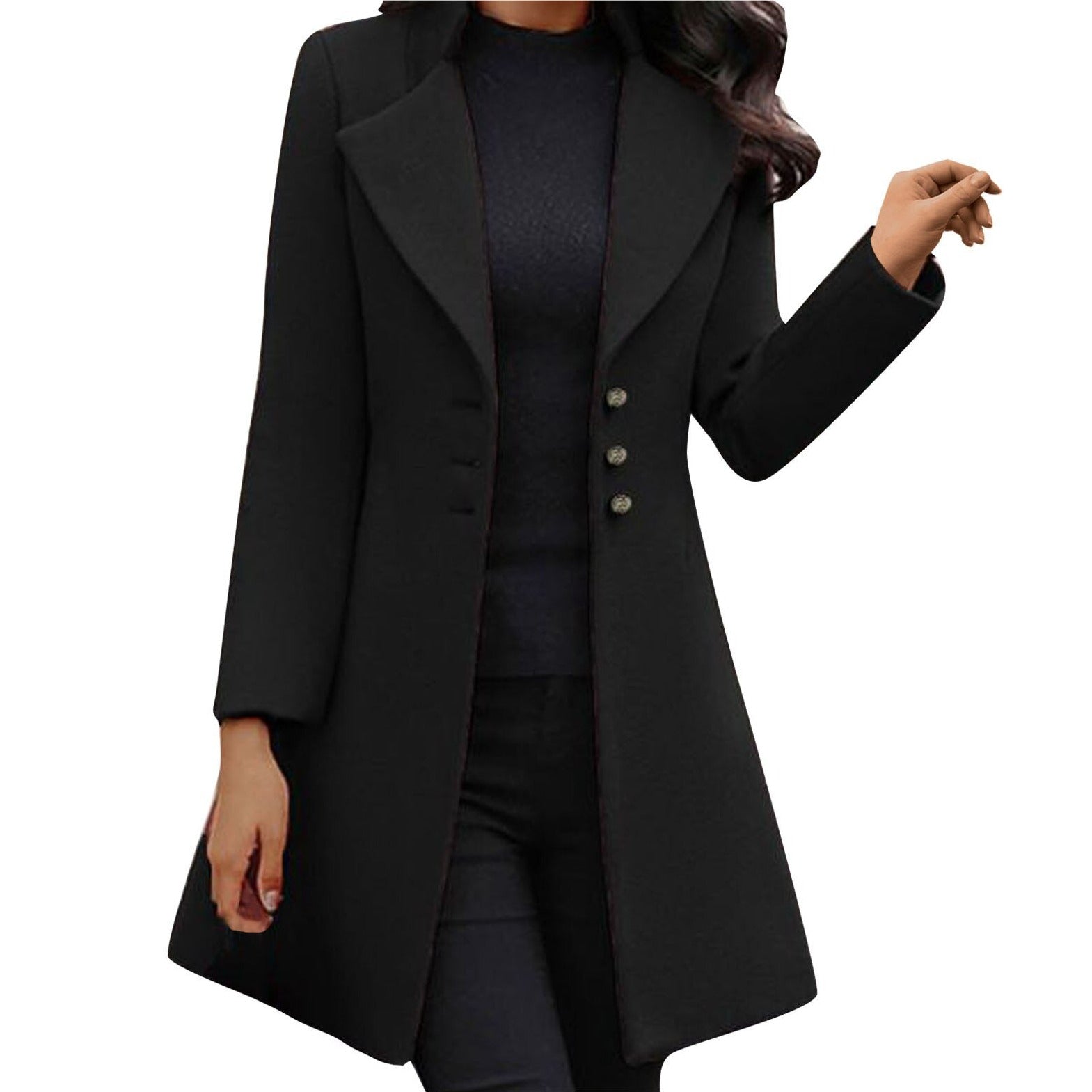 Damen Wintermantel schwarz, elegantes Design, Knöpfe, lange Ärmel, modische Oberbekleidung.