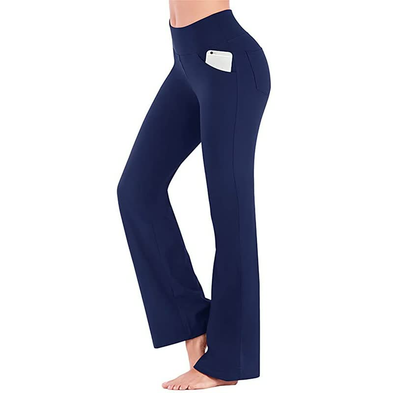 Damen Yogahose mit weitem Bein, dunkelblau, hoher Bund, Seitentasche, bequem, elastisch.