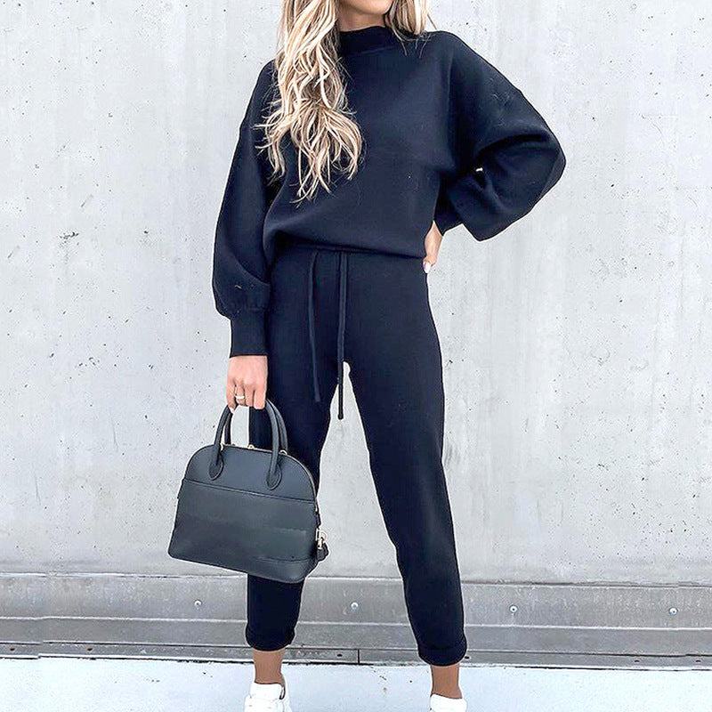 Damen Hausanzug Set Dunkelblau, Zweiteilig, Rollkragen, High-Waist Hose, Modetrend.