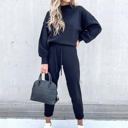 Damen Hausanzug Set Dunkelblau, Zweiteilig, Rollkragen, High-Waist Hose, Modetrend.