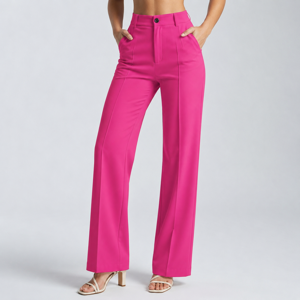 Hose in leuchtendem Pink, am Model mit beiden Händen in den Taschen 13