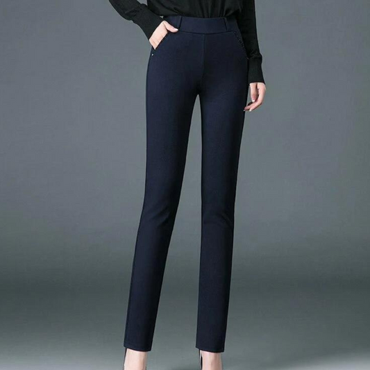 Damenhose navyblau, elegant, schmal geschnitten, Business-Mode, hochwertige Stoffqualität.