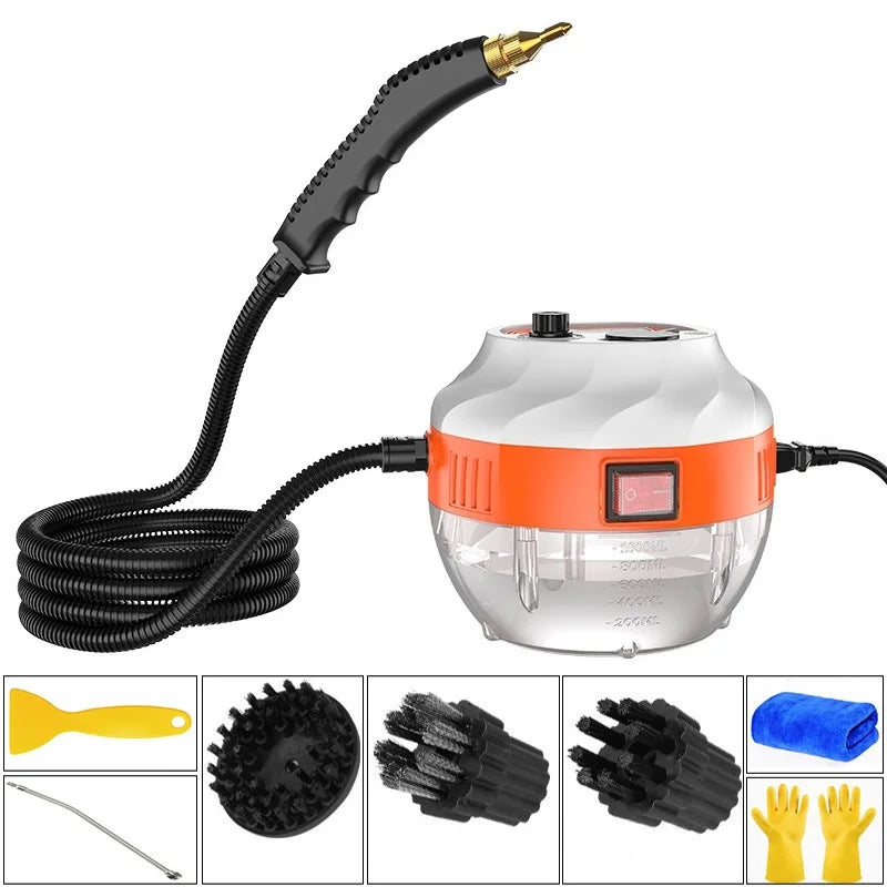 Tragbarer Dampfreiniger, orange-weiß, mit Zubehör, für Auto- und Haushaltsreinigung.
