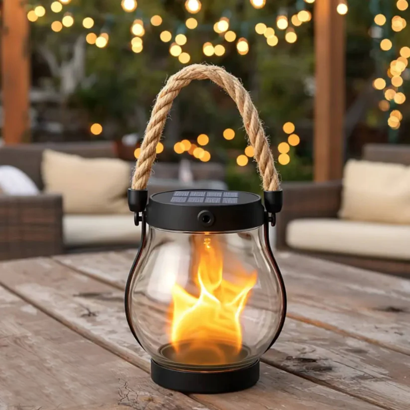 Laterne mit Seilgriff und flackernder Flamme auf einem Holztisch vor Loungemöbeln und Lichterketten 12