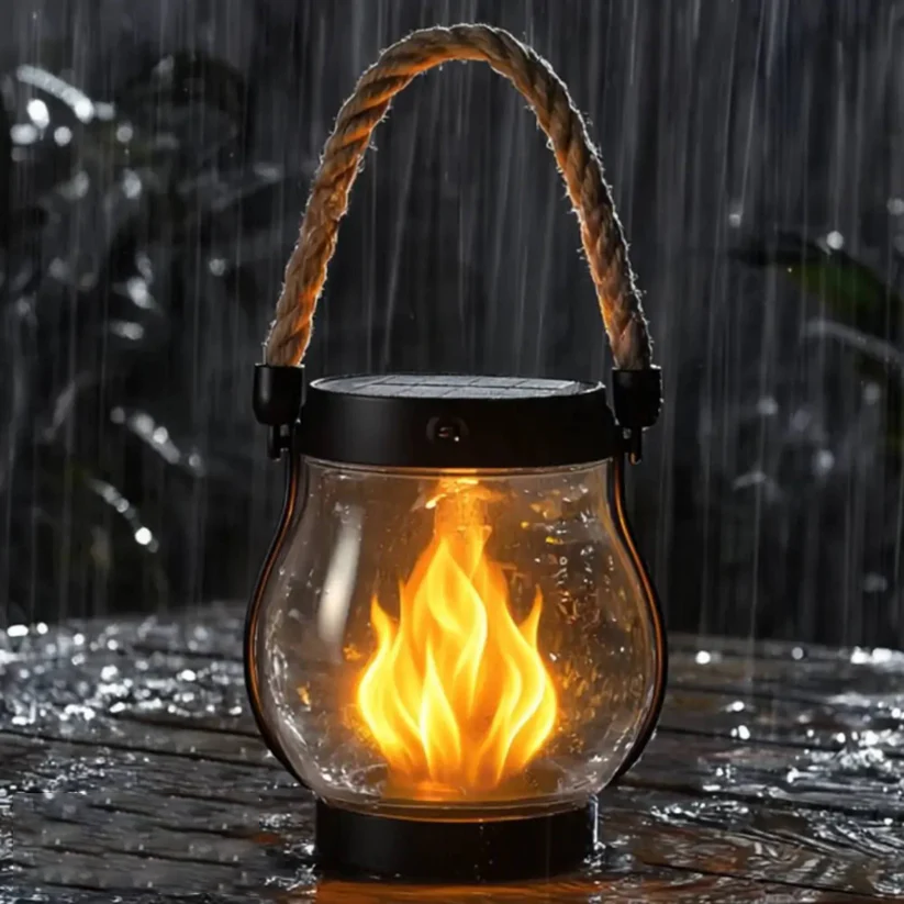 Leuchtende Laterne mit Seilgriff steht im strömenden Regen auf einer nassen Holzfläche 8