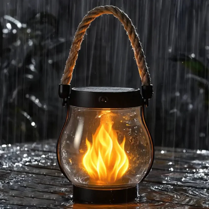Leuchtende Laterne mit Seilgriff steht im strömenden Regen auf einer nassen Holzfläche 8
