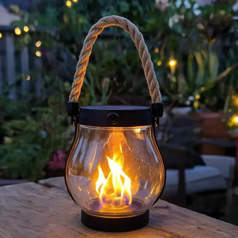 Laterne mit Flammenlicht auf einem Holztisch vor Gartenpflanzen und kleinen Lichtern 9