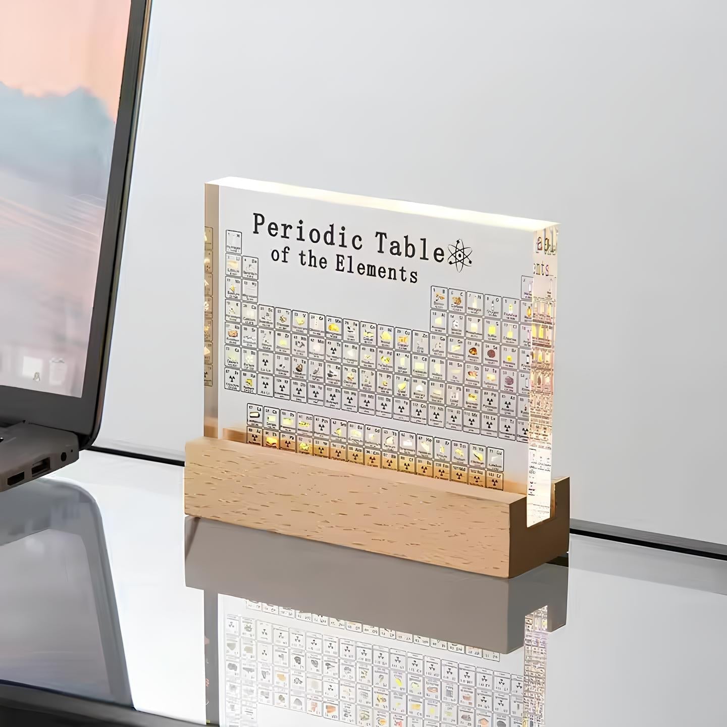 Acryl-Periodensystem mit Holzständer, dekorative Tischlampe, modernes Design, Geschenkidee