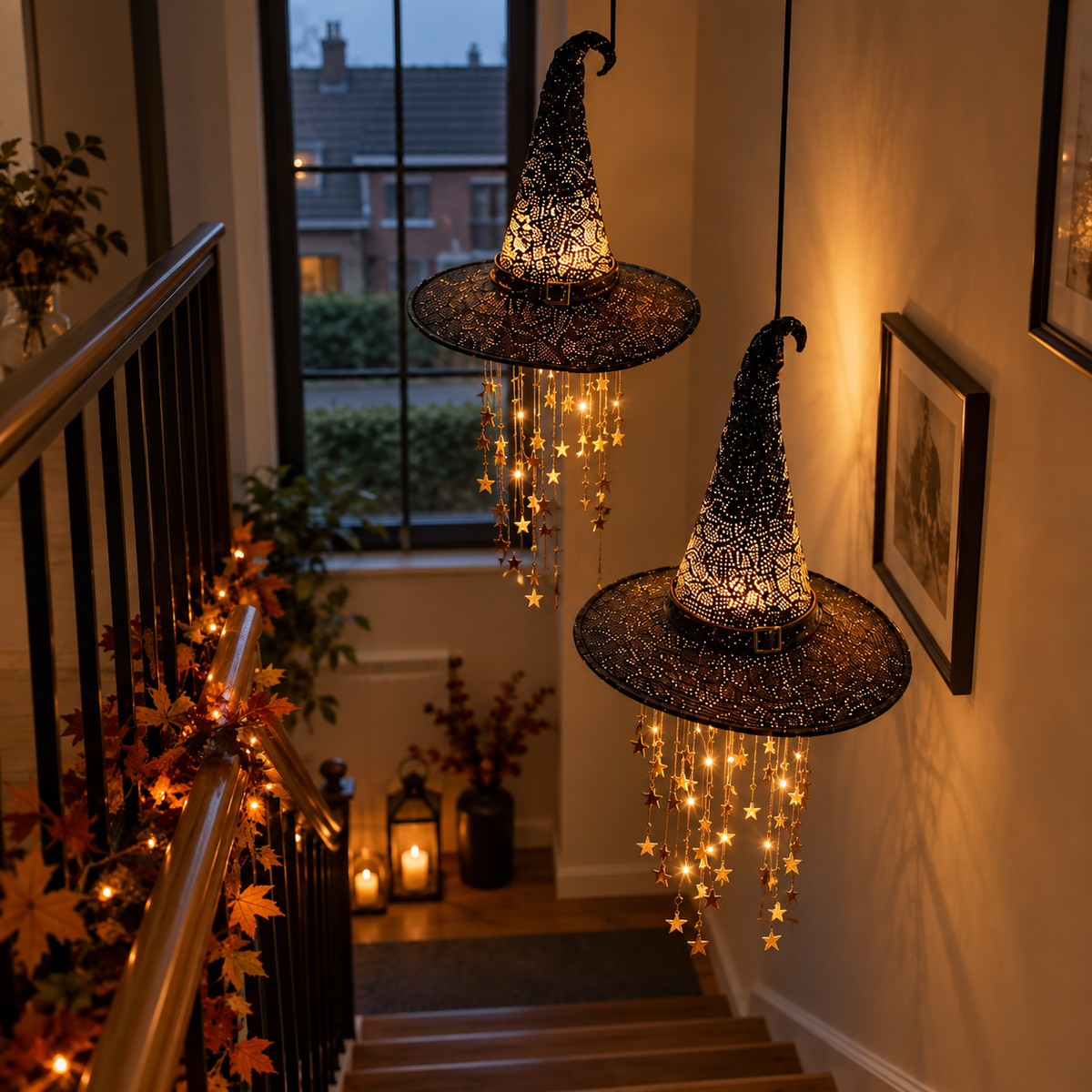 Zwei leuchtende Hexenhüte mit Sternketten hängen im Treppenhaus neben Herbstlaub-Lichterkette und Kerzenlaternen. 9