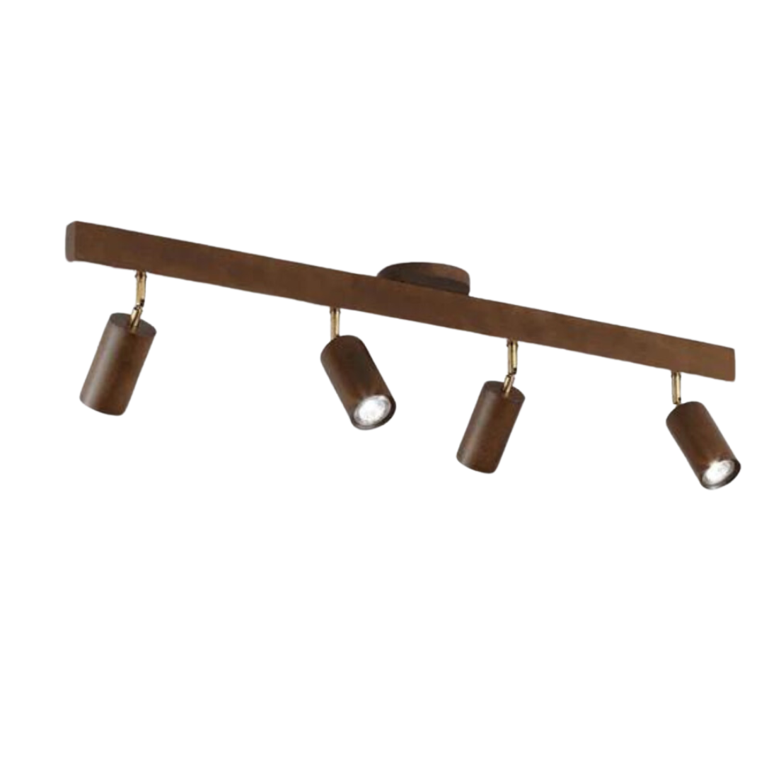 Braune Deckenleuchte mit vier verstellbaren Spots, modernes Design, Holzoptik.