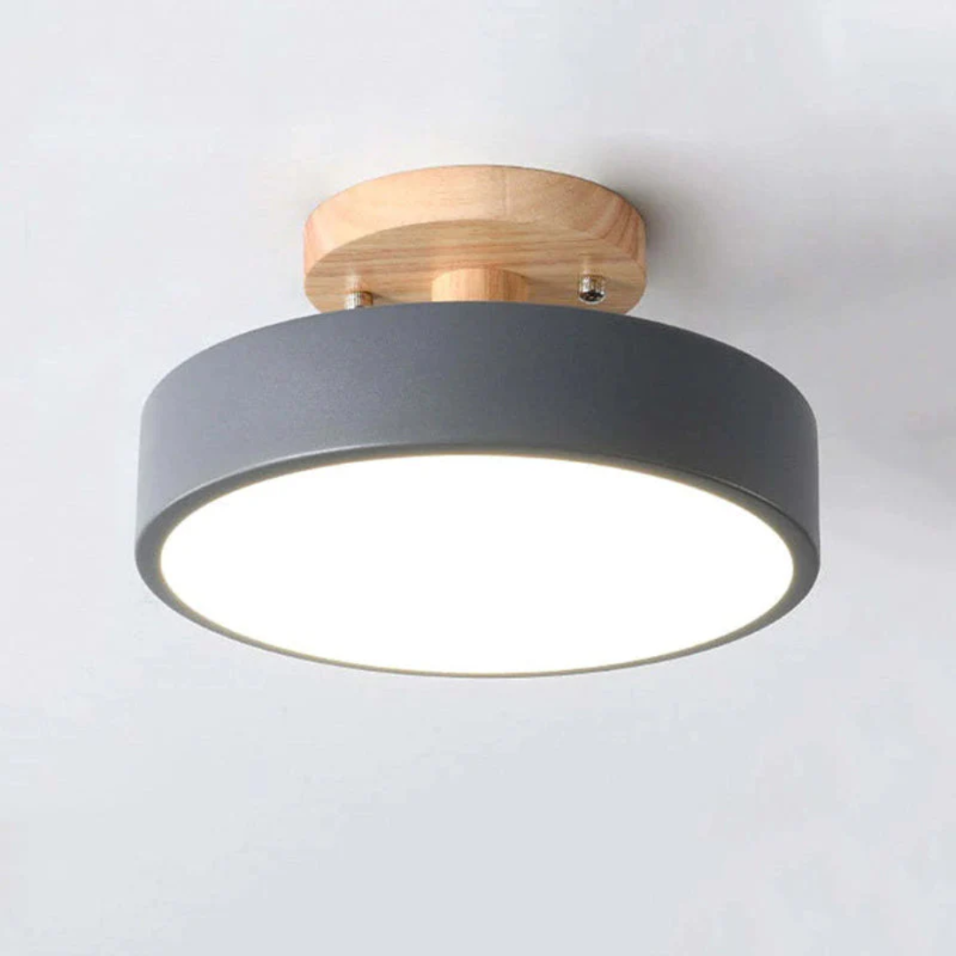 Moderne Deckenleuchte, rund, grau, Holz, LED, energiesparend, für Wohnzimmer oder Büro.