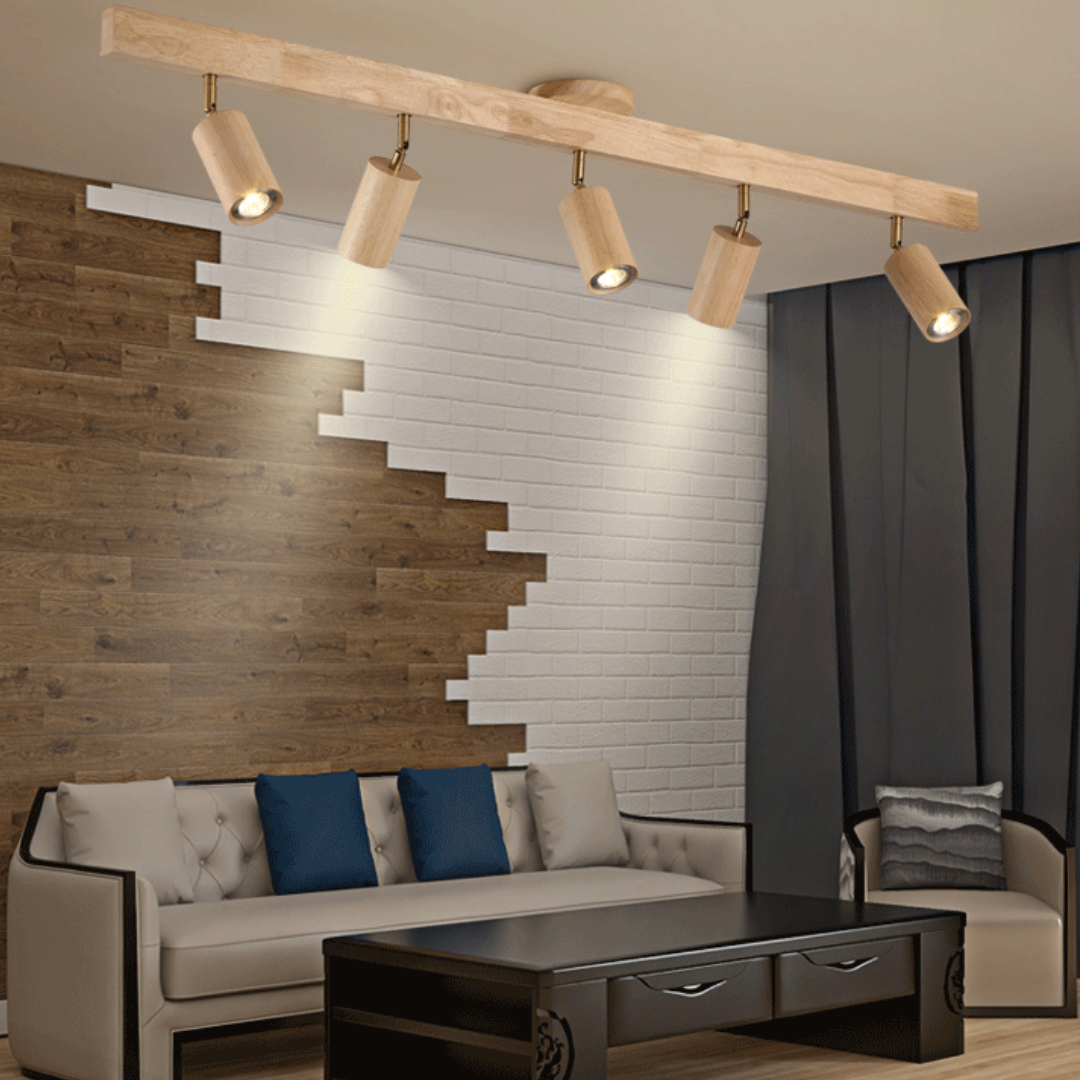 Holz-Deckenleuchte mit vier Strahlern, modernes Design, Wohnzimmerbeleuchtung, LED, beige.