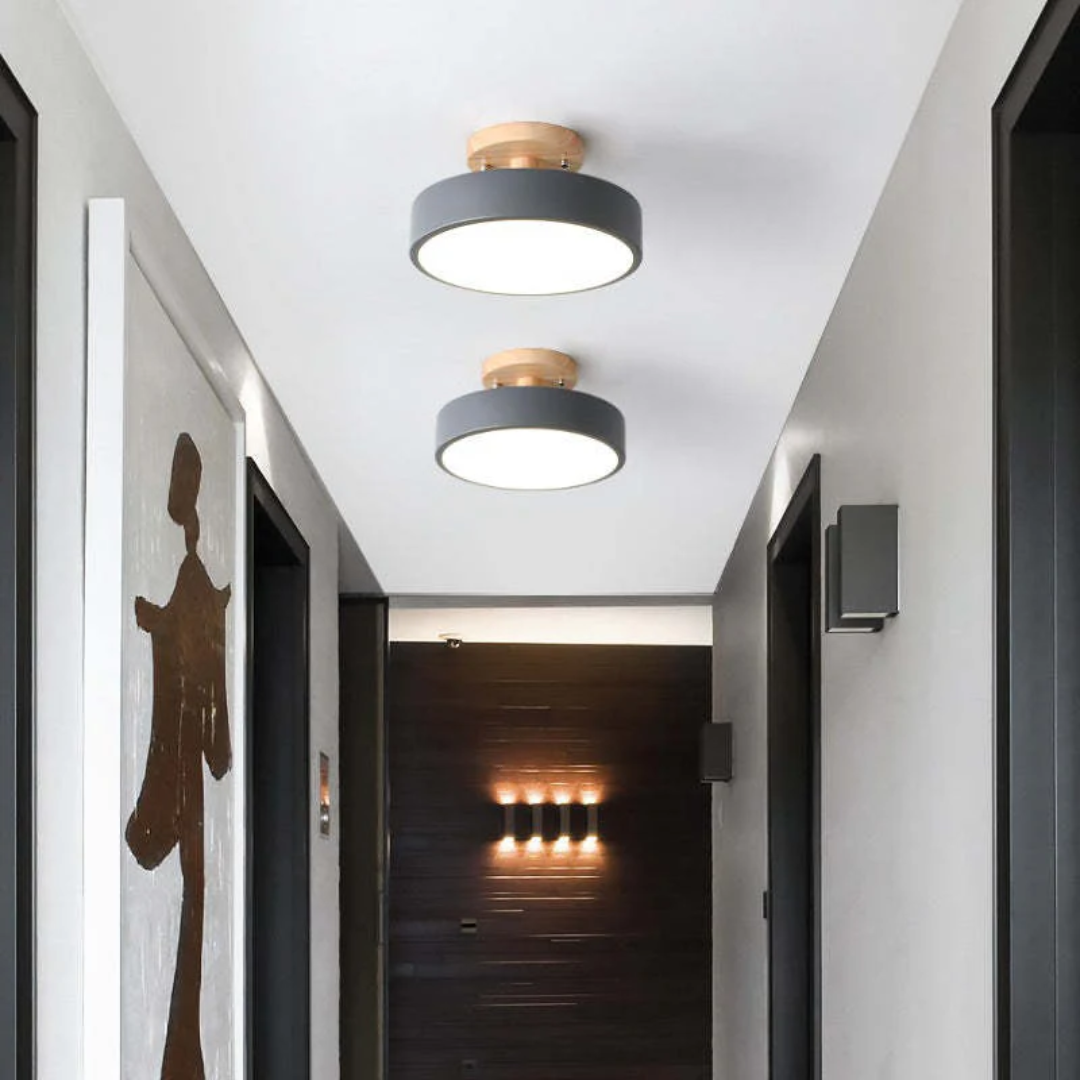 Moderne Deckenleuchte, rund, grau, Holzdetails, Flurbeleuchtung, zeitgenössisches Design.