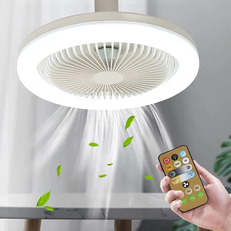 Deckenventilator mit LED-Licht und Fernbedienung, modern, energiesparend, weiß, Wohnzimmer.