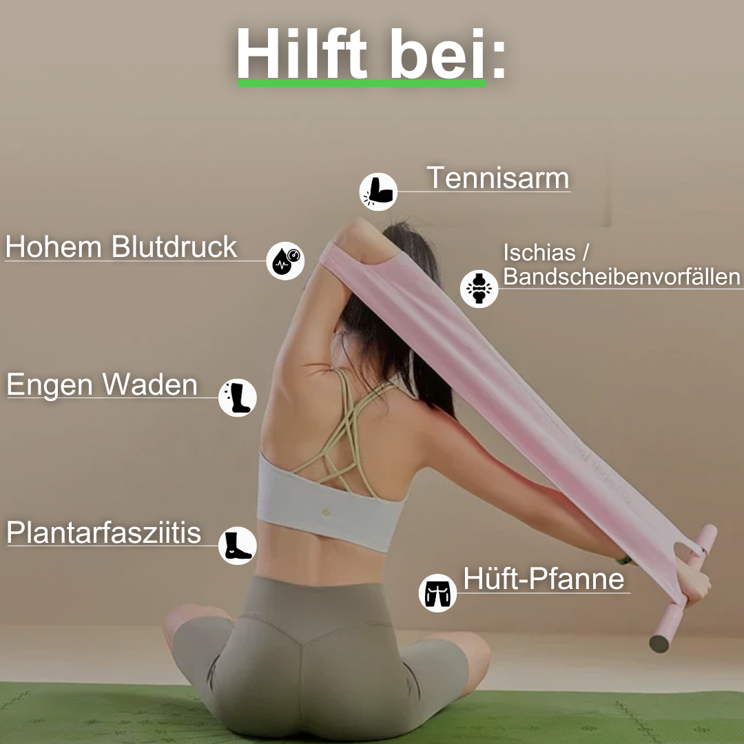 Frau dehnt mit rosa Fitnessband, hilft bei Tennisarm, Ischias, Bluthochdruck, Plantarfasziitis.
