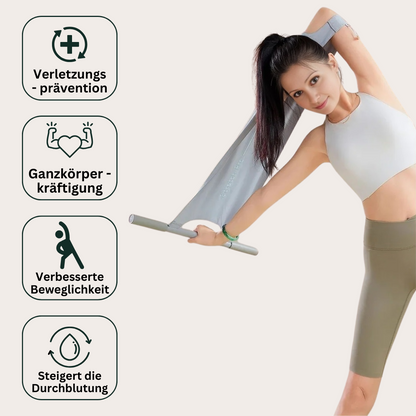 Frau dehnt sich mit grauem Fitnessband, trägt weißes Top und grüne Shorts, Text über Vorteile.