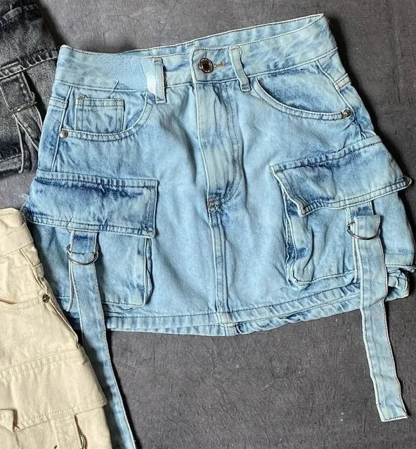 Hellblaue Damen-Jeansrock, A-Linie, mit mehreren Taschen, Y2K-Stil, Harajuku-Mode.