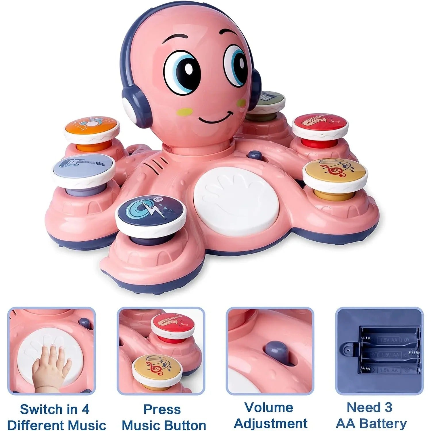 Rosa Oktopus-Spielzeug mit Musikknöpfen, Lautstärkeregler, benötigt 3 AA-Batterien.