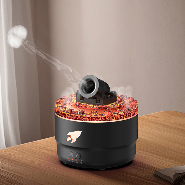 Schwarzer Luftbefeuchter mit Raketenmotiv, dampfend, auf Holztisch, modernes Design.