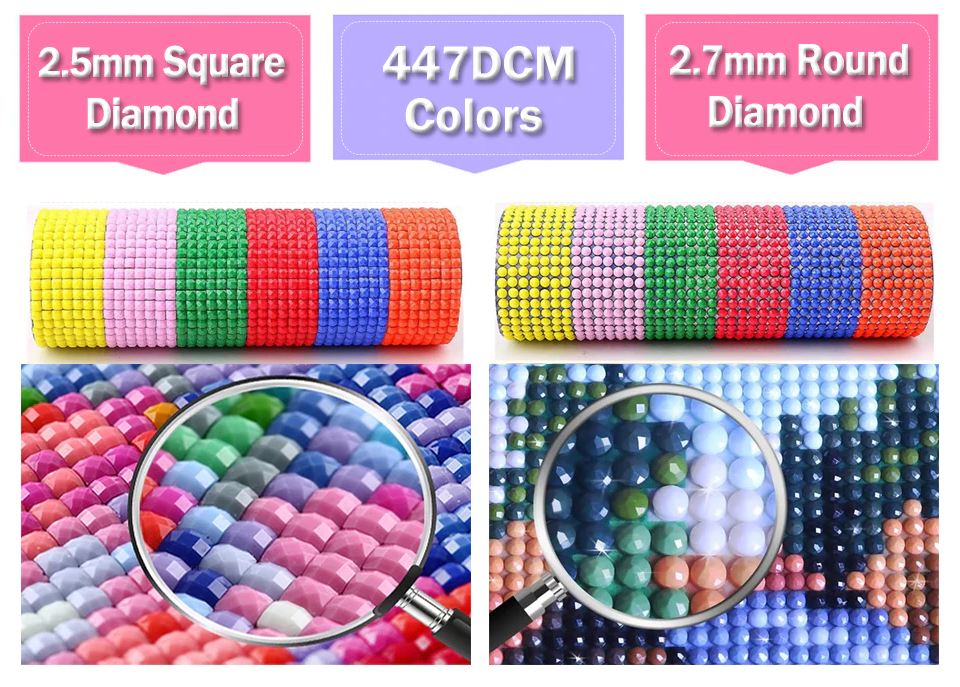 2,5mm quadratische und 2,7mm runde Diamant-Malsteine, 447 Farben, Nahaufnahme, DIY-Kunsthandwerk.